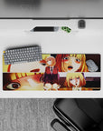 Warm gold and peach anime girl mouse pad 32x12 inches with blush tones, dramatic shadows, cozy vibe.