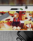 Warm gold and peach anime girl desk pad 40x20 inches, cozy chaotic vibe with dramatic shadows.