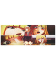 Anime girl mouse pad 32x12 inches with schoolgirl panels, burgundy blazer, plaid skirt, ribbon tie.