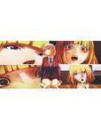 36x16 inches anime girl desk pad with honey-blonde schoolgirl collage panels, blazer and plaid skirt.