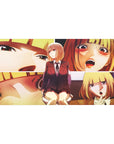 Anime girl desk pad 40x20 inches with burgundy blazer school uniform and bold manga-style close-ups.
