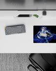 Electric blue and deep navy midnight-action anime mouse pad 14x10 inches with neon-gloss highlights.