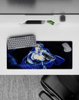 28x12 inches anime mouse pad in deep navy and electric blue, neon gloss highlights, cinematic vibe.