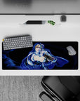 32x12 inches anime girl mouse pad in deep navy and electric blue swirls, neon-gloss cinematic mood.