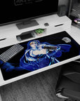 Blonde anime heroine in a dramatic cloak pose on a 40x20 inches desk pad, cinematic action scene.