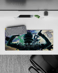Kirito from Sword Art Online in power stance with blades on a 28x12 inch mouse pad, teal shadows, battle scene.