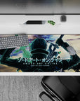 Kirito from Sword Art Online stands ready with blades on a 36x16 inch anime mouse pad, teal shadows and collapsing sky.