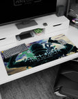 Kirito Sword Art Online desk pad 36x16 inches, featuring iconic silhouette with glowing edges and teal shadows.