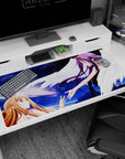 Anime mouse pad 40x20 inches featuring Asuna and Yuuki from Sword Art Online, with celestial gradient sky background.