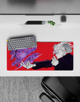 28x12 inches mouse pad showcasing Gojo Satoru, with a bold red background and dynamic purple force, ideal for Jujutsu Kaisen fans.