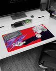 Modern 32x16 inches mouse pad with Gojo Satoru, featuring a dynamic red background and purple energy, perfect for Jujutsu Kaisen fans.