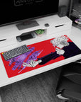 Artistic 36x16 inches desk pad with Gojo Satoru, featuring swirling purple energy against a red background, capturing his dynamic power.