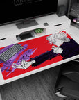 Large 40x20 inches desk pad with Gojo Satoru, featuring a striking red background and dynamic purple force, perfect for Jujutsu Kaisen fans.