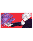 Mouse pad featuring Gojo Satoru, 32x16 inches, with a vibrant red background and dramatic swirling purple energy from Jujutsu Kaisen.