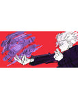 Jujutsu Kaisen desk pad featuring Gojo Satoru, 36x16 inches, with a dramatic red background and swirling purple energy.