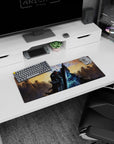 Berserk mouse pad, 28x12 inches, featuring Guts in his Berserker Armor surrounded by ethereal spirits, perfect for fans seeking dark, powerful design for their workspace.
