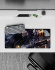 28x12 inches anime mouse pad in charcoal armor, lavender highlights, and warm orange neon rain glow.