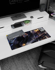 28x12 inches desk mat featuring silver-haired anime girl holding a clear umbrella, mech guarding behind.