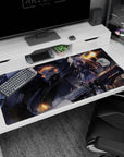 Silver-haired anime girl with clear umbrella and guardian mech desk pad 40x20 inches in rainy city.