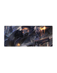 28x12 inches anime girl mouse pad with rainy neon city, silver-haired heroine and towering mech backdrop.