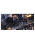32x16 inches anime girl mouse pad with silver-haired heroine, clear umbrella, and towering mech backdrop.
