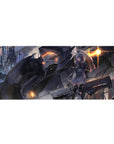 Sci‑fi anime girl desk pad with neon city rain, mech guardian, and clear umbrella, 36x16 inches.