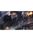 Sci-fi anime girl desk pad 40x20 inches with neon city rain scene and towering mech backdrop.