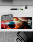 Fiery red-orange and teal cosmic haze mouse pad with crisp stars, 32x12 inches.
