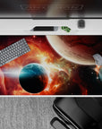 Red-orange nebula and teal haze desk pad 40x20 inches with smoky gradients and crisp starfield vibe.