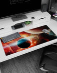 Two planets floating over a glowing cosmic horizon desk pad 36x16 inches with nebula haze and starlight.
