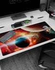Two planets over a starry space horizon desk pad 40x20 inches featuring a dramatic nebula sky.
