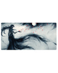 Mouse pad with a spectral figure, 32x16 inches, featuring moonlight, watercolor strokes, and red embers for a melancholic, haunting aesthetic.