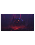 Anime mouse pad 32x16 inches with hero vs shadow-beast cavern scene, torchlit, cinematic wide composition.