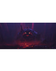 Anime desk pad 36x16 inches with lone hero vs colossal shadow beast in a cavern, wide cinematic layout.