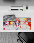 28x12 inches kawaii bridal anime mouse pad, bright rainbow confetti colors, playful romantic secretive vibe.