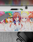 40x20 inches anime desk pad in vivid rainbow confetti, bright blue eyes, playful romantic secret vibe.