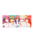 28x12 inches anime girl mouse pad with five brides posing with hush gestures on rainbow confetti backdrop.