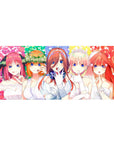 36x16 inches anime girl desk pad with five bridal girls, veils, tiaras, and hush pose on rainbow confetti.