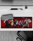 Intense 32x12 mouse pad features iconic silhouettes and bold gradients with intricate assassin-inspired details for fans of action-packed artistry