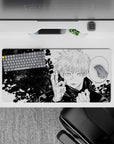 Striking 32x16 mouse pad featuring Gojo Satoru's cosmic energy from Jujutsu Kaisen for bold aesthetics