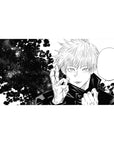 Jujutsu Kaisen desk pad 40x20 featuring Gojo Satoru black and white pose with cosmic background for bold style