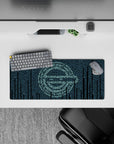 Moody teal-on-navy anime mouse pad 28x12 inches, calm hacker vibe with digital glyph curtain effect.