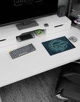 14x10 inches anime mouse pad showing a calm cyber anime face emerging from raining code, eyes locked in.