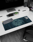 32x12 inches anime mouse pad showing a quiet-eyed anime hacker face emerging from falling teal code curtains.