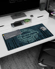 32x16 inches anime mouse pad showing an intense quiet-eyed face emerging from raining teal glyphs.