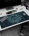 40x20 inches anime desk pad showing a calm hacker face emerging from falling teal code, eyes locked in.