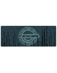 32x12 inches anime mouse pad with icy teal code rain forming a sharp hacker-style anime face on navy.