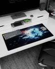 Glowing blue portal in a star‑dusted void mouse pad 32x16 inches with tiny shadowy ships.