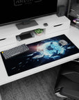 Star-dusted void desk pad 36x16 inches featuring a glowing blue portal and shadowy ships drifting nearby.