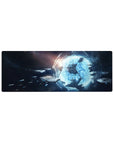 Sci-fi space gateway mouse pad 32x12 inches with hex panel frame and distant ships in the void.